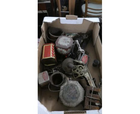 A Box Containing Vintage Tins, Victorian and Other Cabinet Door Handles, Various Shelf Brackets, Brassware etc 