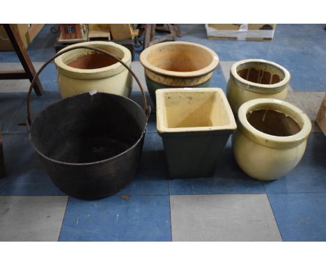 A Collection of Five Various Ceramic Patio Pots and a Brass Jam Kettle 
