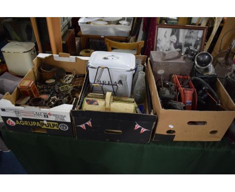 A Box Containing Vintage Kitchen Wares to Include Enamel Bread Bin, Milk Bottle Stand and Four Milk Bottles, Cutlery, Thermom