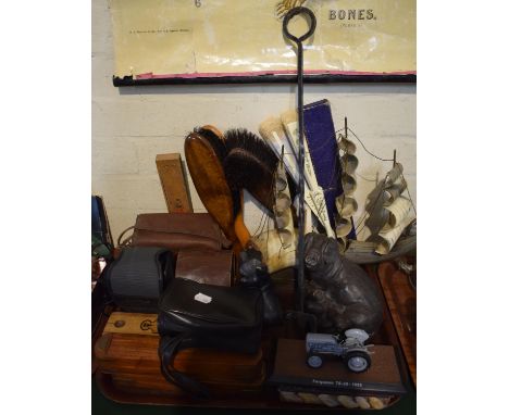 A Tray Containing Various Treenware, Horn Ship, Pig Ornament, Ferguson Tractor Model etc 