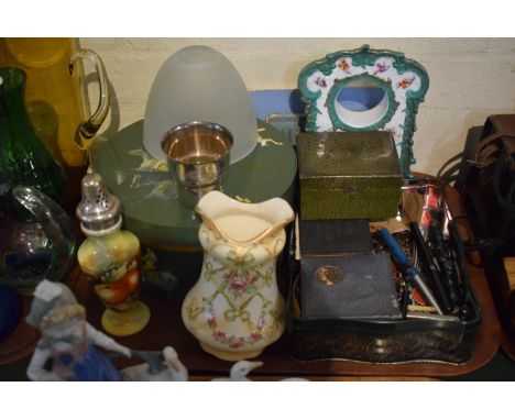 A Tray of Sundries to Include Ceramic Sugar Sifter, Various Fountain Pens and Corkscrews, Decorated Circular Box, Ceramic Clo