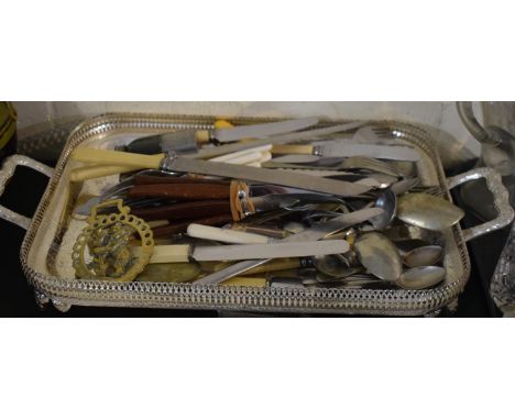 A Silver Plated Gallery Tray Containing Various Cutlery, Hip Flask etc 