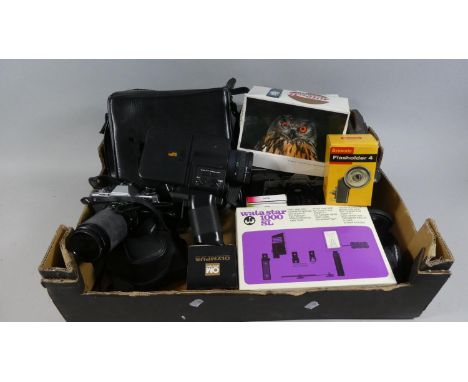 A Box Containing Olympus OM10 Camera, Lenses, Photographic Accessories etc 