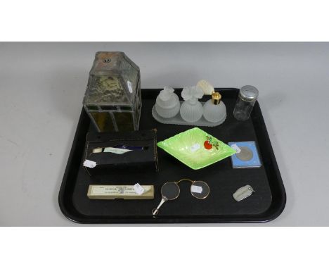 A Tray of Sundries to Include Leaded Hall Lantern Shade, Glass Perfume Bottles, Thermometer etc 