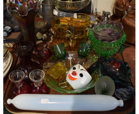 A Tray of Coloured Glassware to Include Bowls, Vases, Drinking Glasses, Rolling Pin 