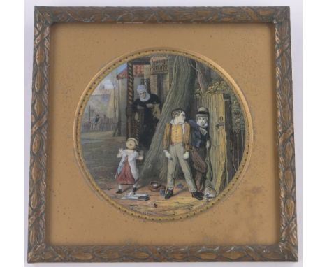 A 19th century Prattware plaque,The Truant after Mulready, diameter 15cm in gilt frame.