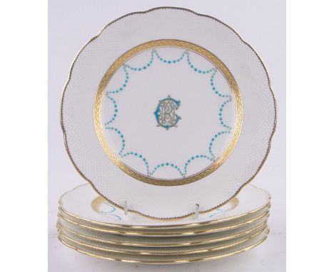 A set of 6 Mintons plates,with painted turquoise enamel and gilding, diameter 23cm.
