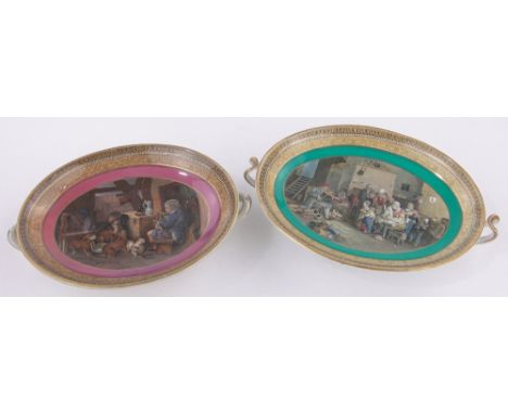 2 19th century oval Prattware comports,colour transfer panels depicting Wilkie's Blind Fiddler and Highland Music, length exc