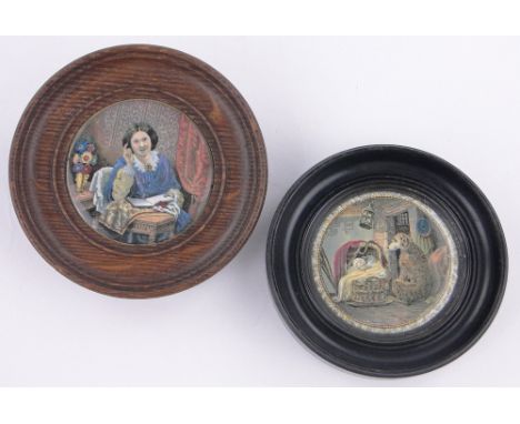 2 Victorian Prattware pot lids,Fidelity, diameter 7cm, and Woman reading a book, diameter 6.5", framed, (2).