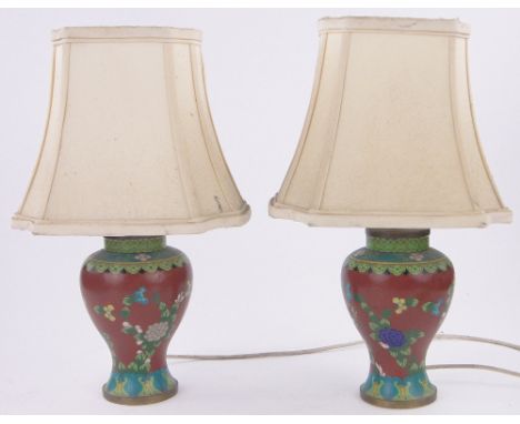 A pair of Chinese Cloisonne enamel table lamps,base height 19cm, height including shades 42cm.