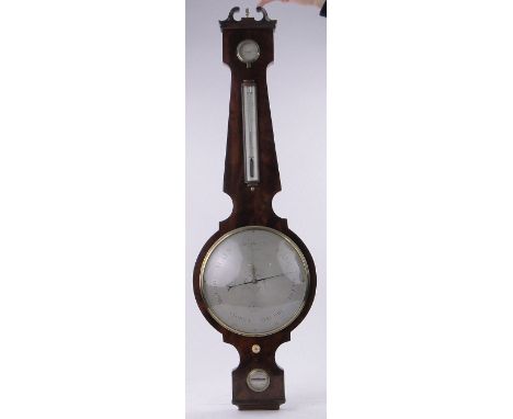A large early 19th century flame veneer mahogany cased mercury wheel barometer,by Fattorini of London, with engraved silvered