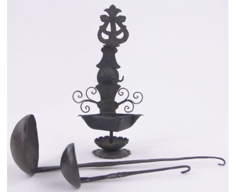 An Antique folk art metal hanging oil lamp,height 31cm, 2 early metal ladles and an early iron inglenook inglenook cadle ligh