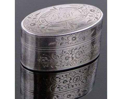 A George III oval silver snuff box,with engraved decoration by Joseph Wilmore, with enamelled inner lid Birmingham 1806, leng