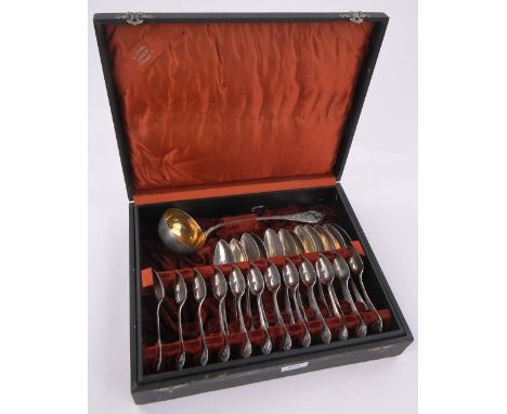 A set of continental silver cutlery,comprising 12 tablespoons, 12 small dessertspoons and ladle, 45 oz total, all marked 800.