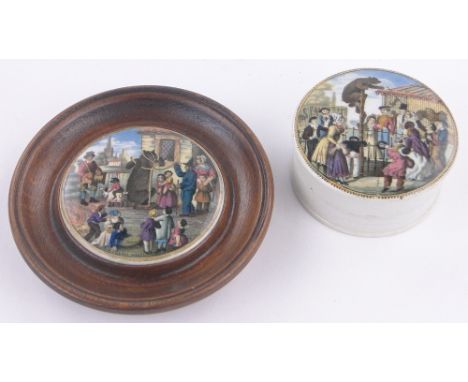 2 Victorian Prattware pot lids,The Bear Pit, diameter 7.5cm  and The Village Wakes, diameter 7cm, (2).