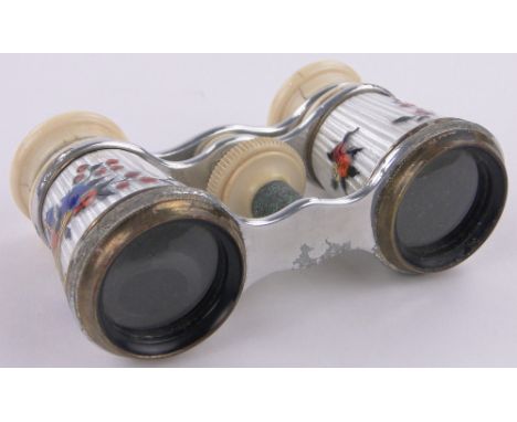 Pair of ivory and coloured enamel opera glasses.