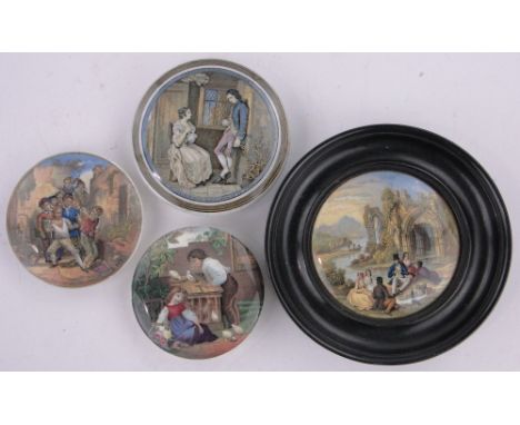 4 19th century Prattware pot lids,1 framed, (4).