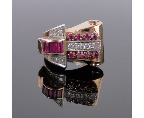 A 1940s ruby and diamond Odalisque style cocktail ring,unmarked rose gold settings, size P.