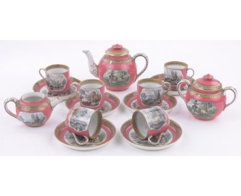 A rare Victorian Prattware tea service for 6-people,pink ground with colour transfer landscape design panels, including teapo