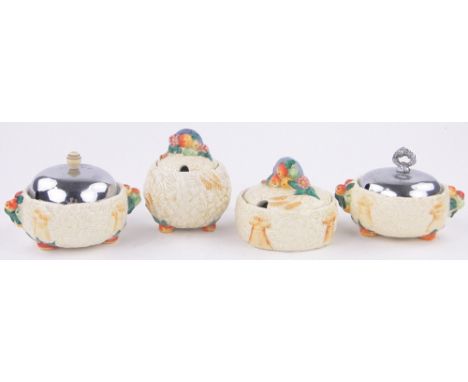 4 Clarice Cliff Barbola pattern preserve pots,with embossed fruit designs, (4).