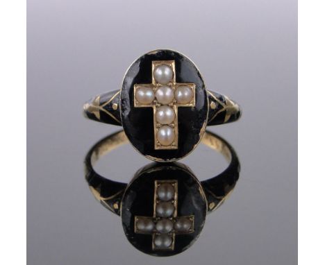 A Victorian gold black enamel and pearl memorial ring,dated 1871, panel height 15mm, size R.