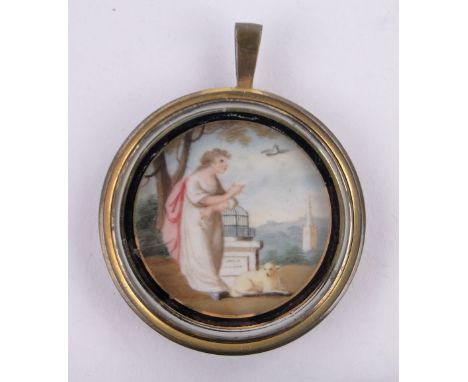 A 19th century gilt metal and enamel pendant, with inset miniature watercolour painting of a classical woman, width 42mm.