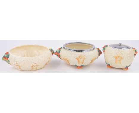 3 Pieces of Clarice Cliff Barbola pattern china,comprising biscuit barrel and 2 similar fruit bowls, (3).