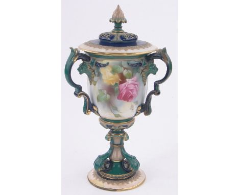 A Royal Worcester porcelain 3-handled pot-pourri cup and cover,height 29cm, restored.