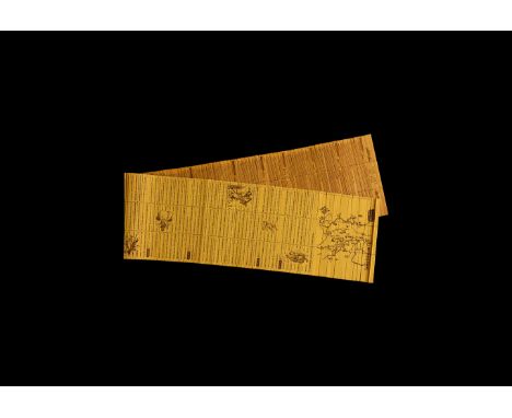 20th century AD. A bamboo scroll with printed text of Sun Tzu The Art of War with illustrations, on one side in Chinese langu