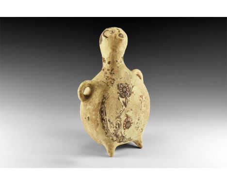 19th century AD. A ceramic flask with globular body, two handles, three conical feet, anthropomorphic head to the spout; flow