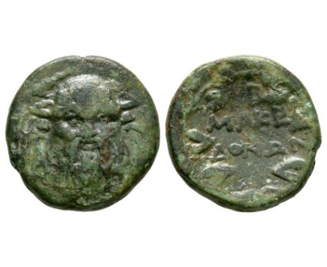 Greek Coins - 166-165 BC. Obv: head of Silenos facing. Rev: inscription within oak wreath. See Lind 1352. 8.18 grams.  With d