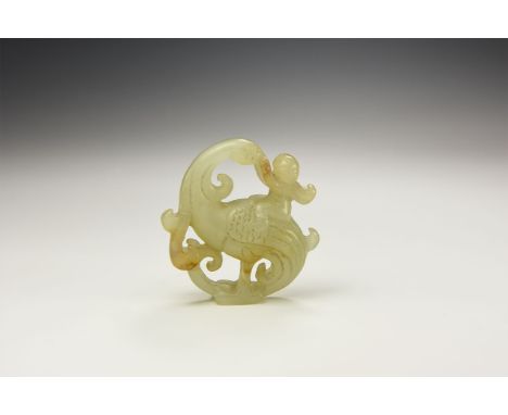 An undated archaistic carved pale green jade(?) pendant in the form of a large bird, possibly a crane, standing and looking b