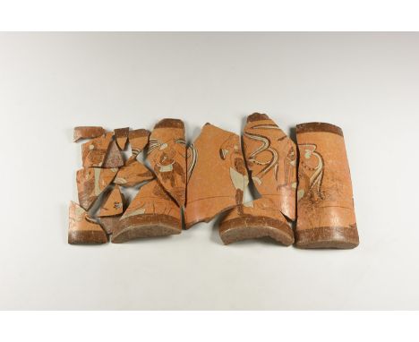 A mixed group of undated ceramic fragments with painted figural designs within borders.  746 grams total, 6-19cm (2 1/2 - 7 1