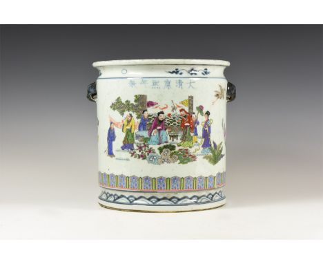 20th century AD. A glazed ceramic cooler with everted rim and stepped base; polychrome scenes of courtly life with calligraph