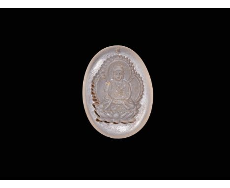 An undated archaistic flat-section quartz plaque with intaglio Buddha with nimbus of flame.  6.77 grams, 30mm (1 1/4"). Prope