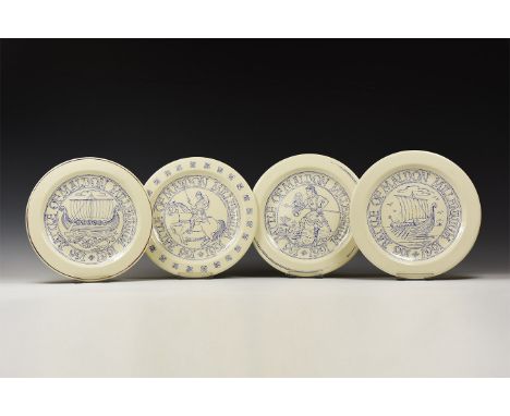 20th century AD. A group of four cream-glazed ceramic plates each with blue image and legend to the border 'Battle of Maldon 