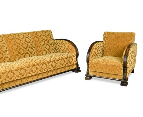 comprising three-seat sofa and three armchairs en suite , each with swept arms and upholstered in gold damask, (Dimensions: t
