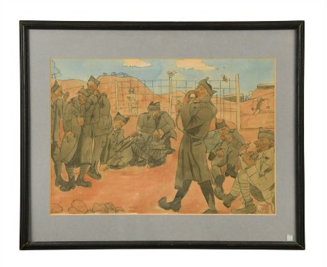 Stalag scene signed and numbered 'Michonze / 67.760 / Stalag XB' (lower right) watercolour (Dimensions: 30 x 40cm )(30 x 40cm