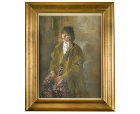 Portrait of a young woman wearing a brown coat signed 'Kuhfeld' (lower right) oil on canvas board (Dimensions: 49 x 36cm)(49 