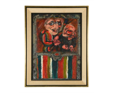 Au Guignol signed 'Alfred Cohen' (upper left); titled and dated 1963 to the reverse oil on board (Dimensions: 76 x 55cm)(76 x