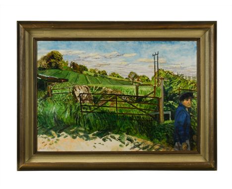 Farm Worker in a Sussex Landscape signed 'Carel Weight' (lower left) oil on canvas laid to board (Dimensions: 46 x 66cm)(46 x