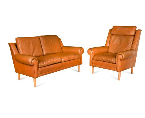 comprising a three-seat sofa, a two-seat sofa and an armchair, all raised on turned tapering beech legs, (Dimensions: the thr