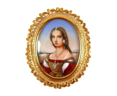 An 18ct yellow gold brooch, inset with a half length oval portrait miniature of a young lady wearing a green, red, and white 