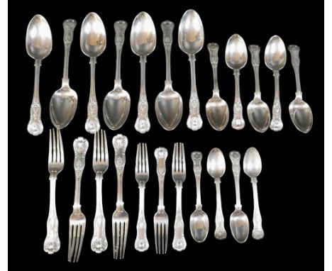 A collection of William IV silver Kings pattern flatware, comprising seven table spoons, five dessert spoons, and four table 