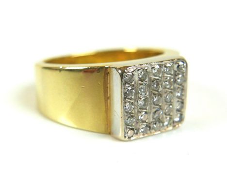 A 14ct yellow and white gold ring, set with a sqaure of twenty five round cut diaomnds, each 1.5mm, 10.2mm wide, size R, 16.6