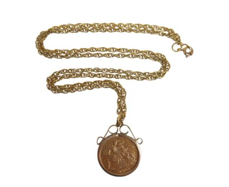A Victoria Veiled Old Head gold half sovereign, 1899, in a 9ct gold pendant coin mount, 20.5mm, and 9ct gold chain, 52cm long