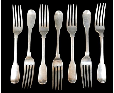 Seven Victorian fiddle pattern table forks, with armorial crests, Elizabeth Eaton, London 1847, 17.5toz, 20cm long. (1 bag)