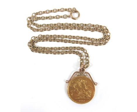 A Victorian gold double sovereign, 1887, with pendant mount on a 9ct gold chain, 66cm long, total weight 44.0 g.