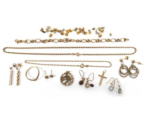 A collection of 9ct gold jewellery, including a rope twist necklace, 7.3g, anklet, 1.4g, bracelet with open chain loops, 5.3g