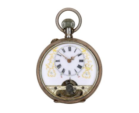 An 800 silver and enamel pocket watch, keyless wind, the enamelled back depicting a young lady in a bonnet with green surroun